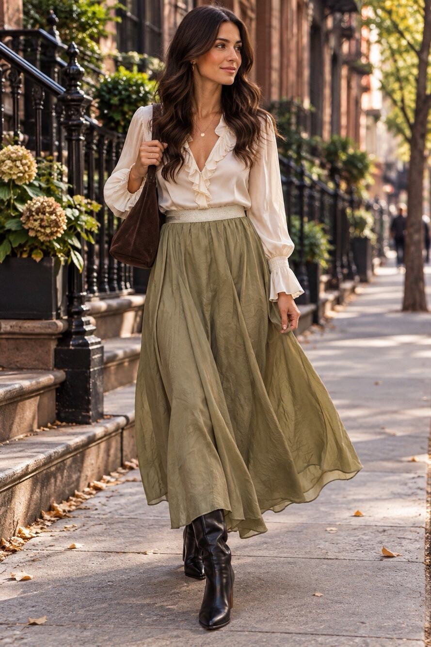 Talbots 100% Silk Olive Green Midi A-Line Skirt Size 8 Quiet Luxury
